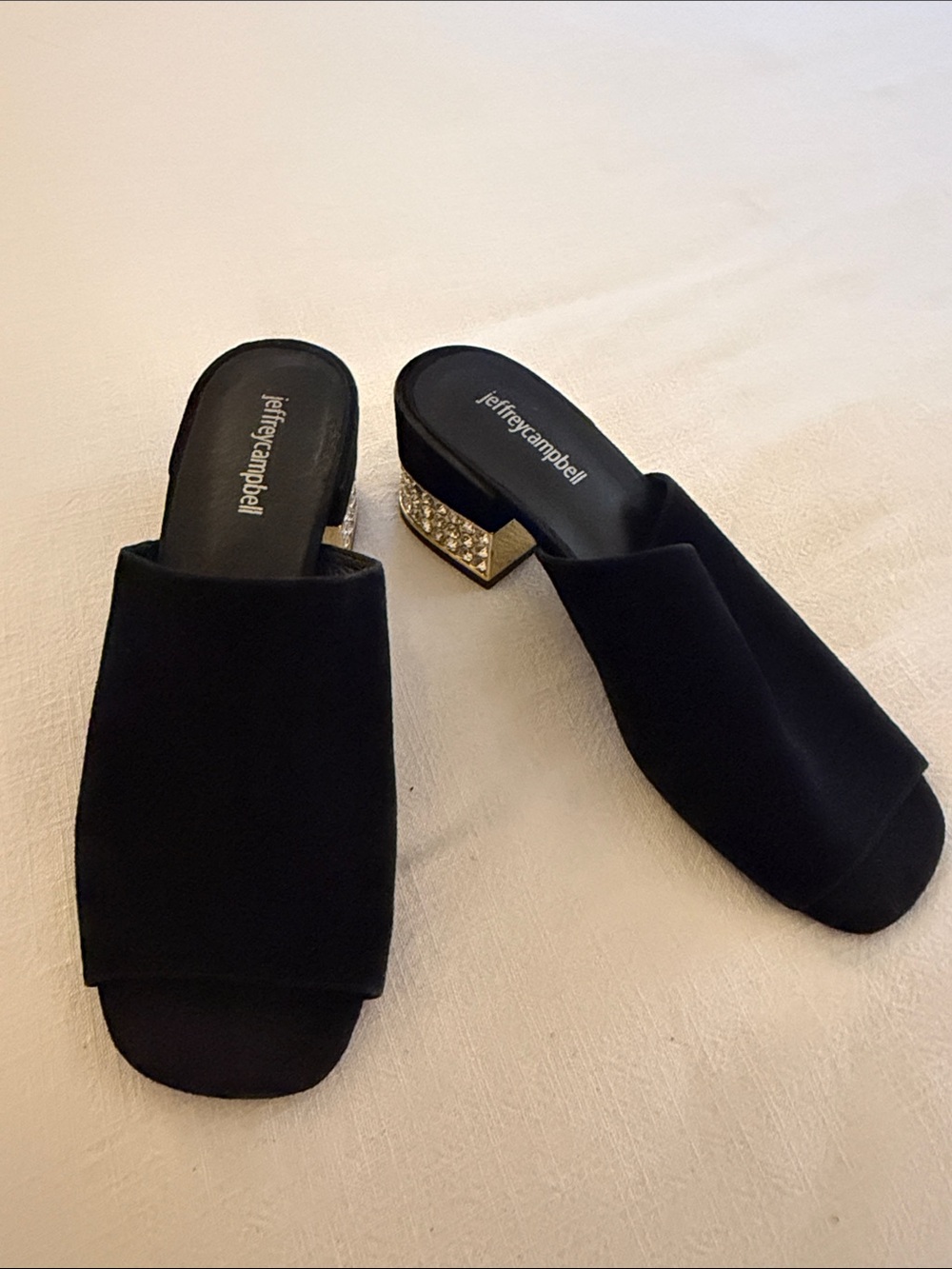 Jeffrey Campbell Black Velvet Mules with Gold Crystal Block Heel
